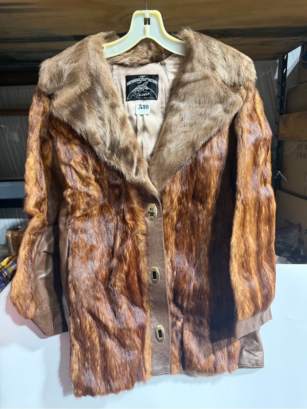 #3688-Vintage Handmade in Alaska Women's Fur-Trimmed Coat - Brown